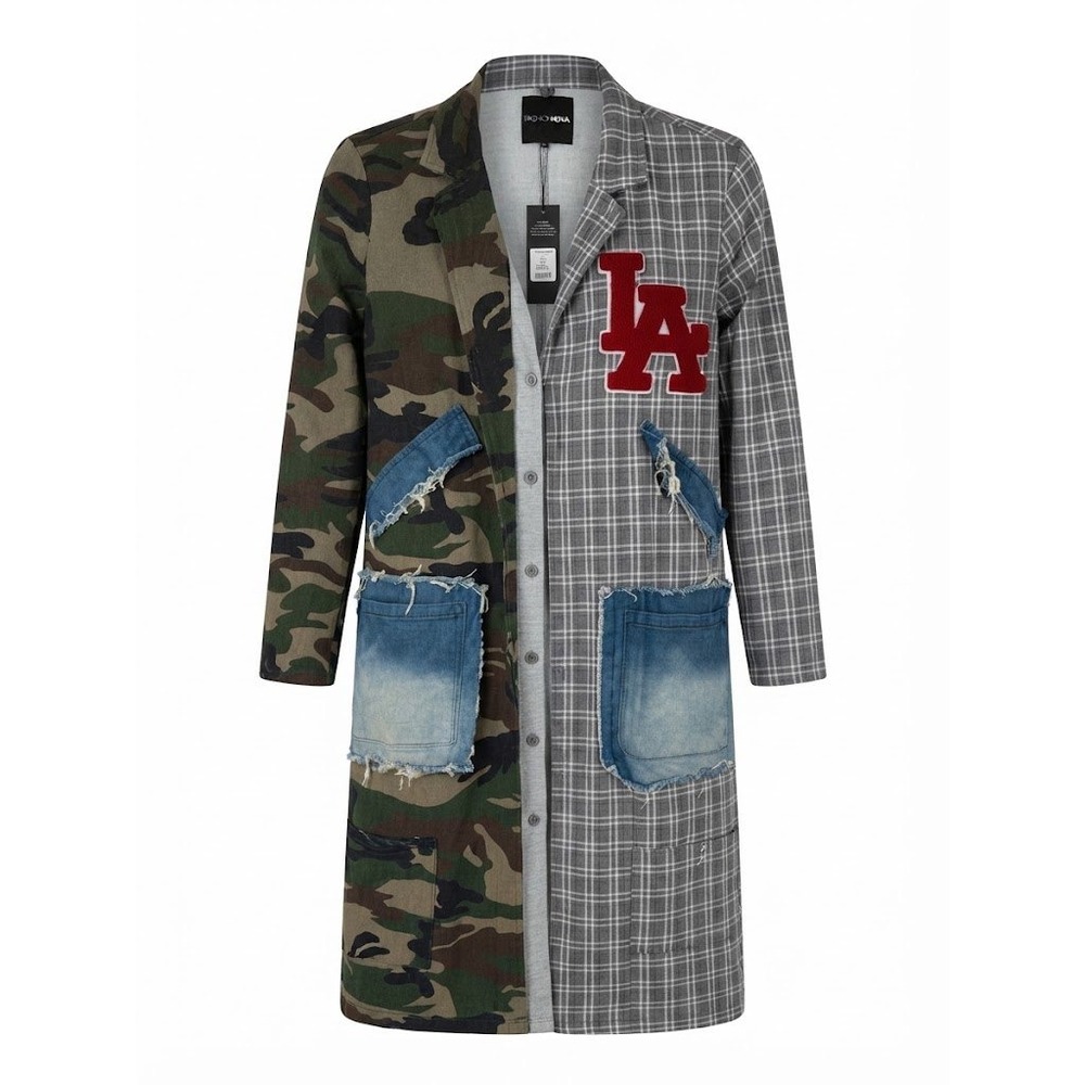 NEW Fashion Nova All Patched Up Long Blazer Duster Camo Plaid Multi Boho
